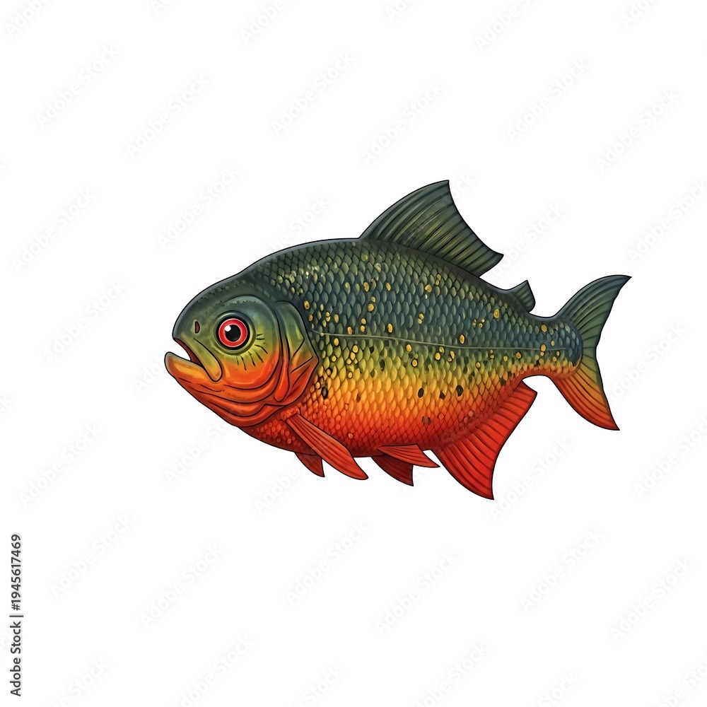 Fototapeta premium Red-bellied piranha fish swims in clear water.