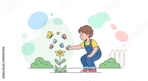 Child Reaching for Butterflies on a Flower Illustration