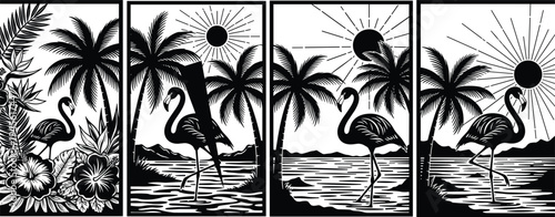 Tropical flamingo wall art set with palm trees hibiscus flowers sun and ocean waves in black and white vector style.