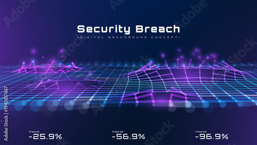 Cyber attack and security breach concept. Futuristic technology network with destroyed glowing grid, malware danger and neon mesh wave error. Vector illustration.