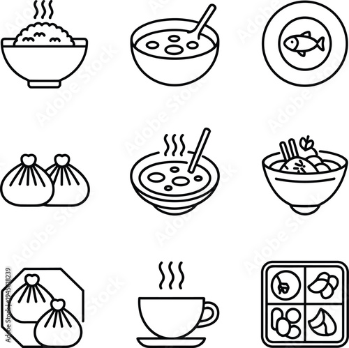 Asian Food Icons Set: Rice Soup Dumplings Fish Dish Tea Cup Bento Box