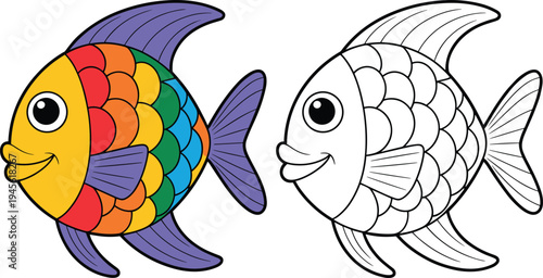 Colorful Fish and Outline Fish for Coloring Book Isolated on White Background Stock Illustration