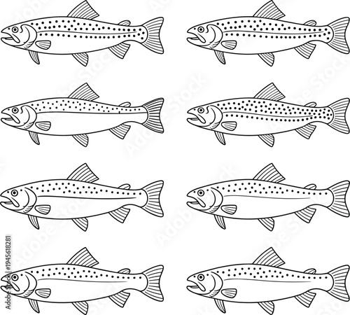 Eight Trout Fish Isolated Vector Illustration Line Art Repeating Pattern