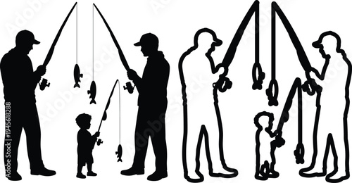 Father and Son Fishing Together Catching Fish Silhouette Style