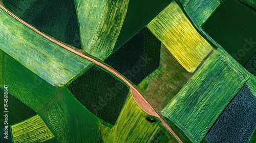 Drone View of Agricultural Fields Showing Geometric Patterns in a Detailed Landscape