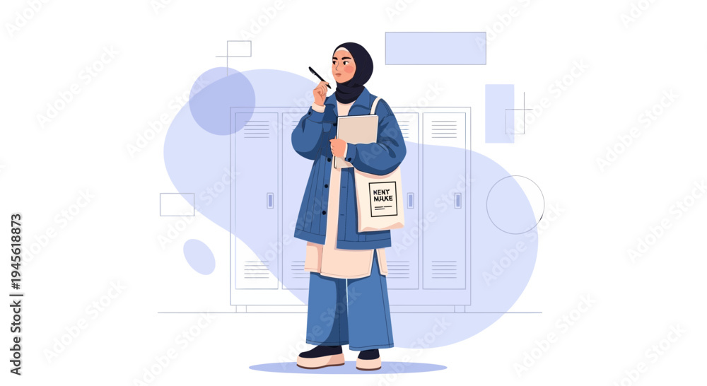 Fototapeta premium Muslim student in hijab with notebook and pen, thinking in lockers area