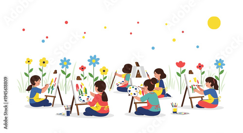 Children Painting Outdoors: Creative Art Class with Easels and Flowers