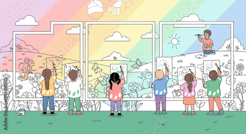 Children Painting Imaginary Worlds on Large Wall Art