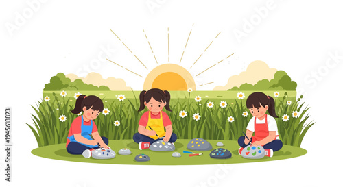Children Painting Rocks Outdoors in Sunny Meadow