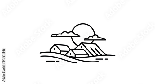 Minimalist landscape with houses and sun