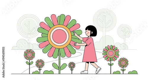 Child with Giant Flower in Garden - Vector Illustration