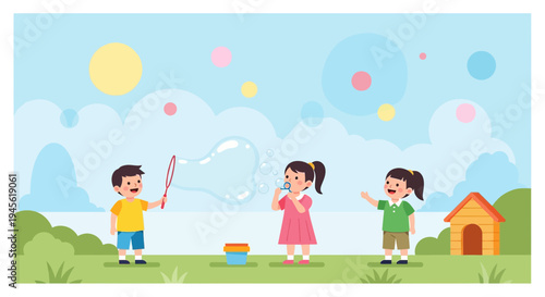 Children blowing bubbles in a park - happy outdoor summer fun, cartoon illustration