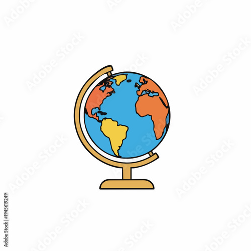 A Colorful Desktop Globe with Continents Displayed on a Simple Stand Against a White Background