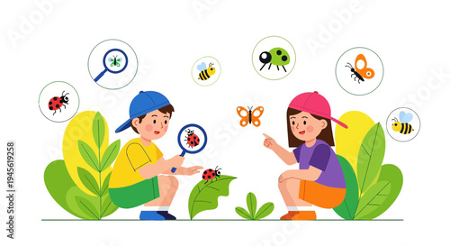 Children Discovering Insects with Magnifying Glass, Nature Exploration