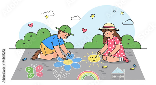 Children drawing chalk art on pavement, outdoor summer fun, creative childhood