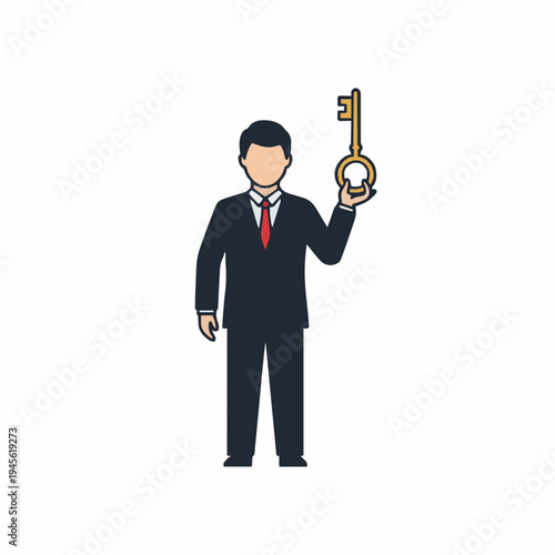 Man in dark suit and red tie holds golden key with white background professional career opportunity success solution concept illustration