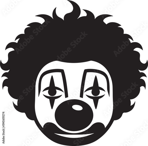 Clown face vector illustration, circus entertainer character, happy whimsical expression, iconic makeup and hairstyle, party symbol