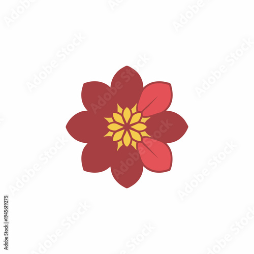 Stylized Maroon Flower With Yellow Center and Red Petals on White Background Simple Graphic Design