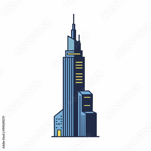 Modern Skyscraper Building With Blue Tones And Yellow Accents On A White Background