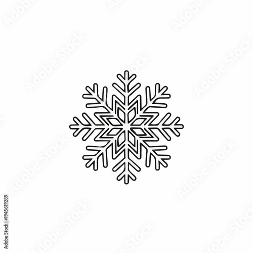 Detailed Black Outline Of A Six Pointed Snowflake Isolated On A Clean White Background With Geometric Symmetry
