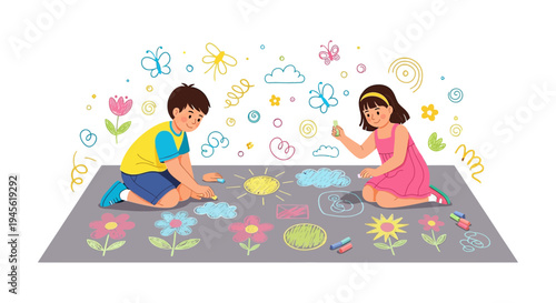 Children Drawing Outdoors: Boy and Girl Creating Chalk Art on Pavement