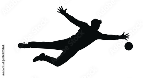 Silhouette of Goalkeeper Diving to Save Soccer Ball on White.