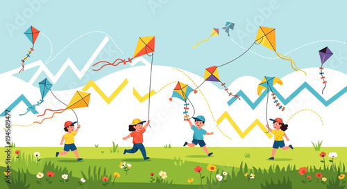 Children Flying Kites in Sunny Park, Summer Fun, Outdoor Activity