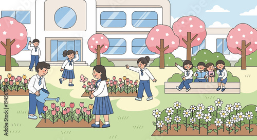 Children Gardening at School: Spring Bloom with Flowers and Trees Illustration