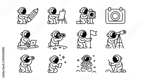Astronaut drawing painting photographing vector icons space illustration black and white