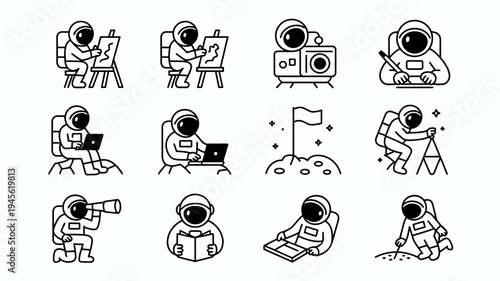 Astronaut icons line art style space illustration vector black and white cartoon