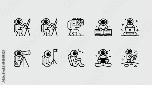 Astronauts in space line icons illustrations black and white minimalist digital art