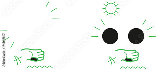 Two cartoon hands pointing at a surprised face with sun rays and water