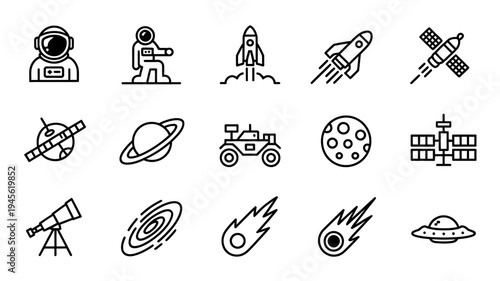Space icons, black line illustrations, on white background astronaut rocket satellite