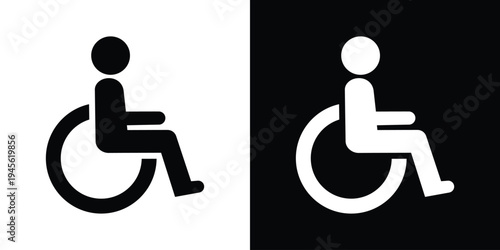 Minimalist wheelchair accessibility symbol showing a person seated in a wheelchair in side profile. Clean black and white icon isolated on light and dark backgrounds, representing disability access, m