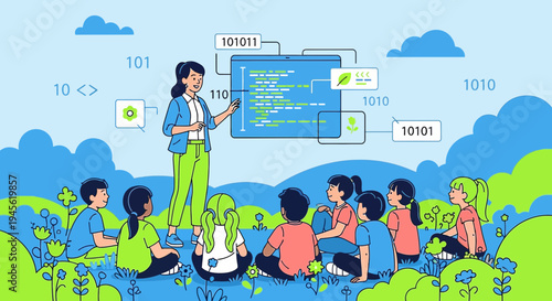 Children Learning Coding Outdoors With Teacher, Technology Education