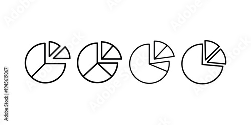 Four black pie chart icons representing data analysis and financial statistics on white background