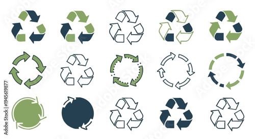 Various recycling symbols in green and blue on white background recycling eco environmental symbols