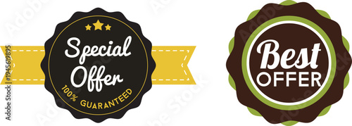 Promotional badges highlighting special and best offer deals for marketing materials