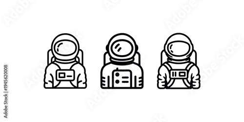 Three black astronaut icons in spacesuits with helmets and backpacks on white background