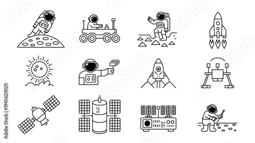 Space icons set with rockets and satellites rocket satellite astronaut solar panel
