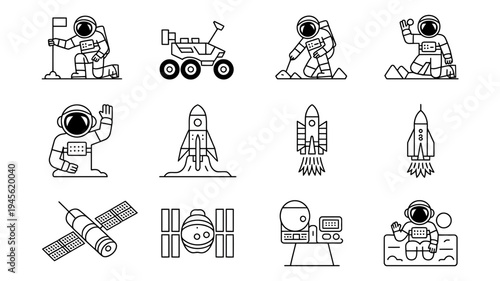 Astronauts space exploration icons set vector astronaut rocket spaceship satellite