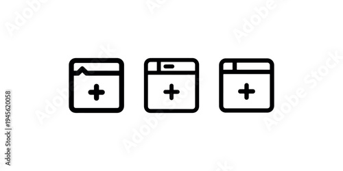 Three simple line art icons depicting browser windows with plus signs, representing new tab or add feature functionality, isolated on white.