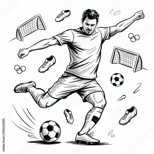 Soccer player kicking ball vector illustration black and white sports football