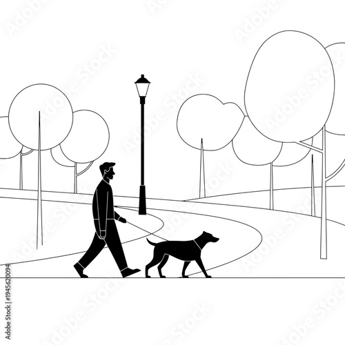 Man walking dog on leash in park streetlight trees black white illustration