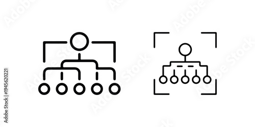 Company organizational chart icons showing hierarchy structure with leader and subordinate circles connected by lines for corporate management planning