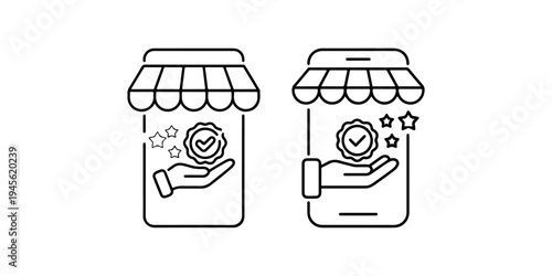 Online store with excellent customer service quality guarantee badge and rating stars, smartphone e-commerce app delivering best shopping experience