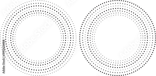 Abstract circular halftone dot ring vector set with radial gradient pattern for modern frames, borders and decorative background elements