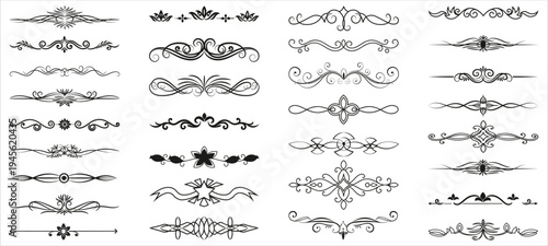 Vintage ornamental flourish divider collection decorative calligraphic separators for wedding invitation certificate luxury typography decoration set.