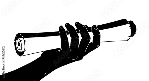 Silhouette of Hand Holding a Rolled Document or Scroll.