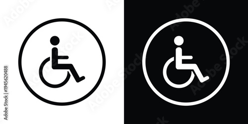 Universal accessibility wheelchair icon placed inside a circular outline. Minimal black and white vector symbol representing disability access, inclusive infrastructure, mobility support, and accessib